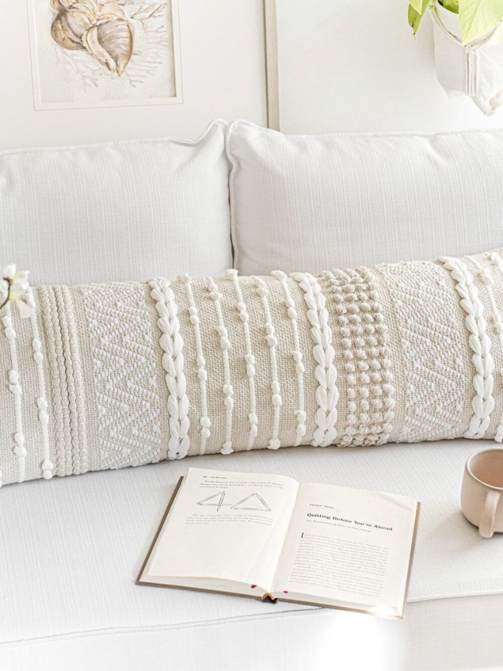 Cream Decorative Lumbar Throw Pillow Cover 14x36 Boho Long Cushion for Bed